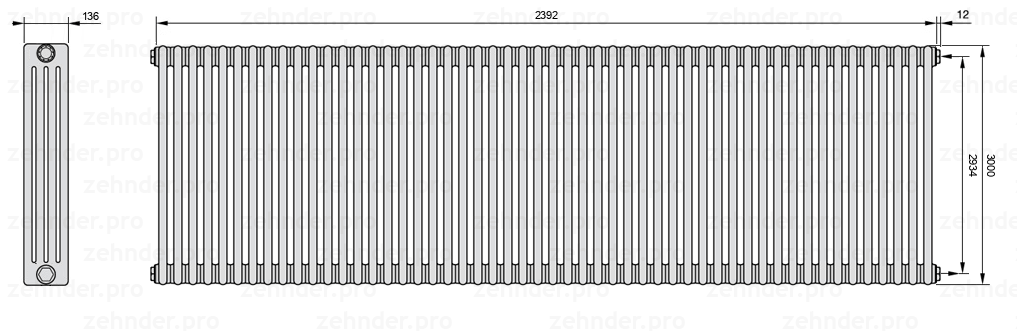 Схема (чертеж) Радиатор Zehnder Charleston 4300/52 №7610 Белый глянцевый RAL 9016
